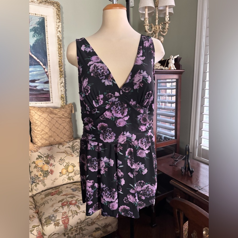 torrid Black Floral One-Piece Swimsuit with Purple Flowers